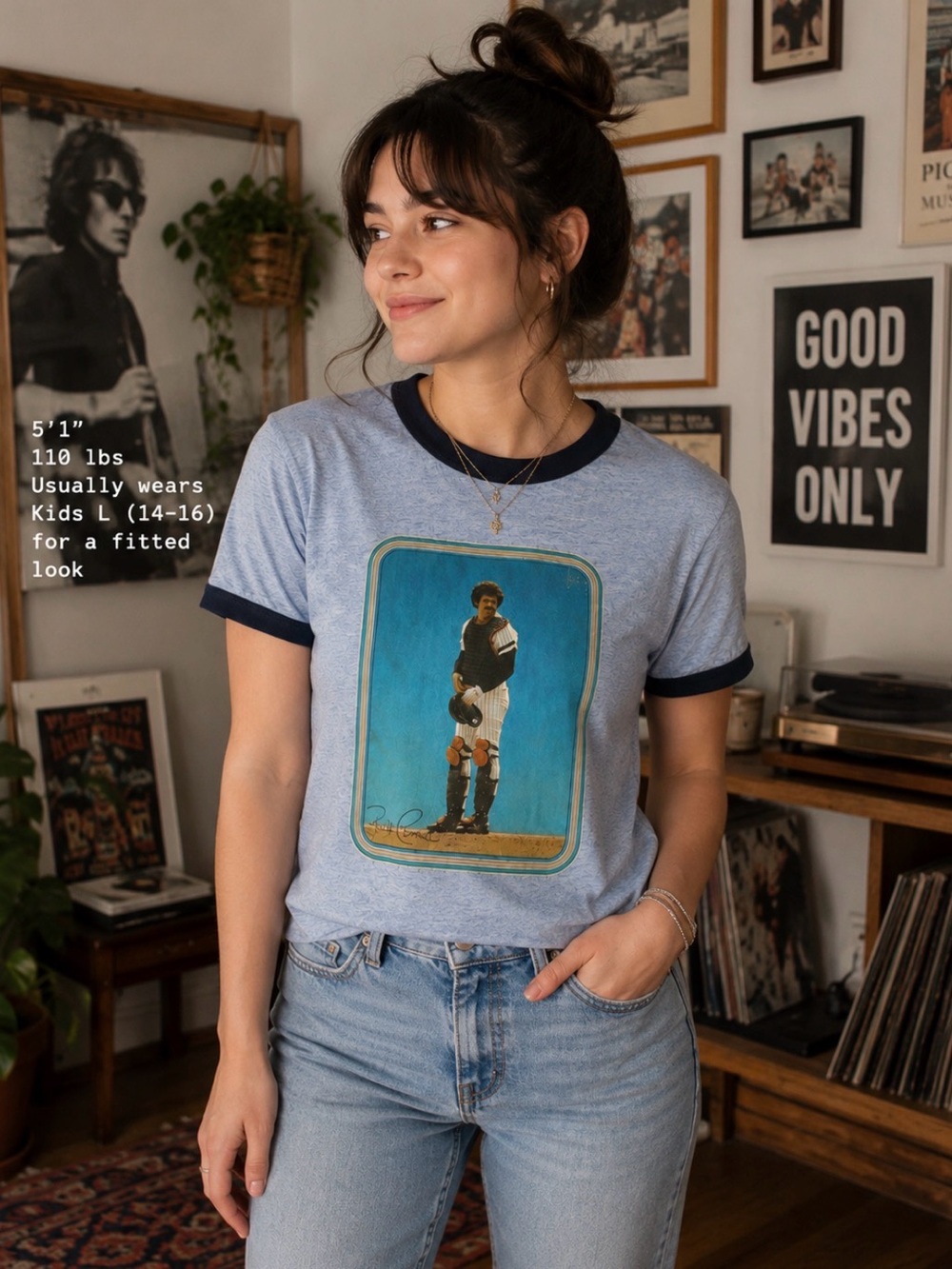 Original Vintage Rick Cerone Light Blue Ringer Tee with Navy Trim and Graphic